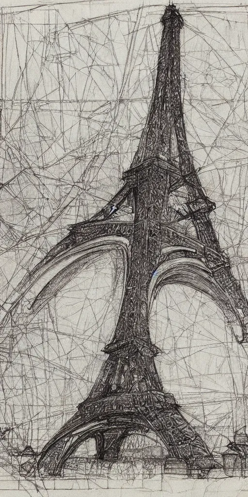 Image similar to architectural design studies of Eiffel Tower, different closeup view, drawn by Leonardo da Vinci, ancient ink draw, artistic, intricated
