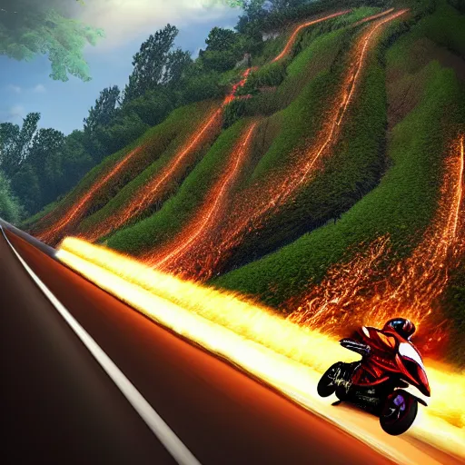 Image similar to new aesthetic and fast motorcycle. Flaming roads. photo realistic. high details. race. hyper realistic