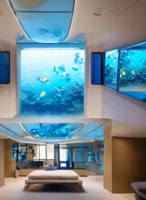Image similar to a futuristic sci - fi underwater home with mirrored walls, dreamatic lighting