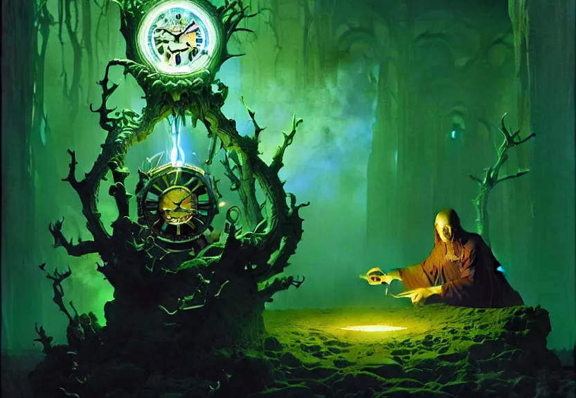 Image similar to the arcane watchmaker by albert bierstadt and gerald brom and dan mumford and zdzisław beksinski and james gilleard, floating metallic objects, blue flames, low light, glowing green crystals