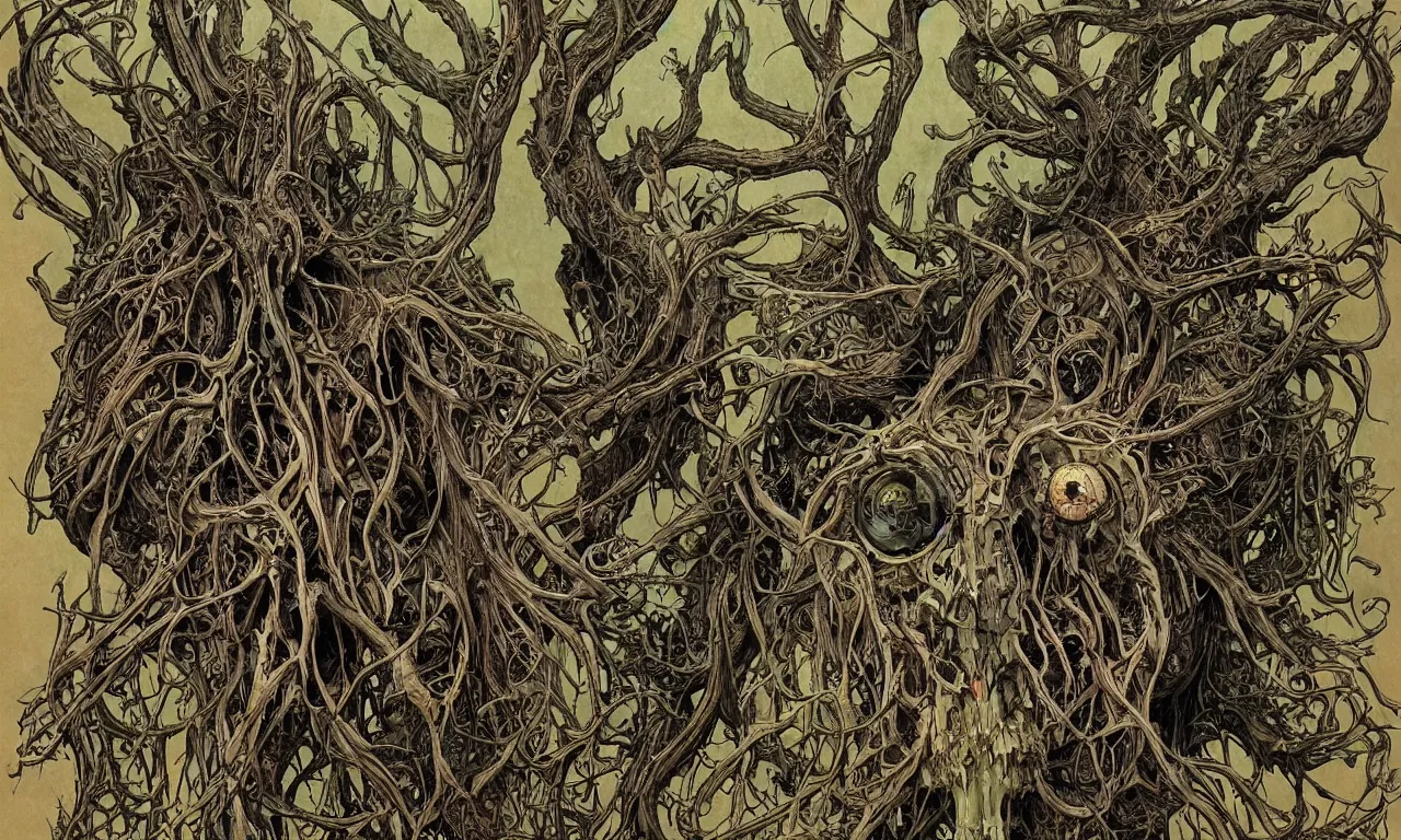 Image similar to hyperdetailed art nouveau portrait of treebeard as a cthulhu eyeball skull wendigo cryptid monster, by geof darrow, simon bisley and bill sienkiewicz, grim yet sparkling atmosphere, photorealism, claws, skeleton, antlers, fangs, forest, wild, crazy, horror, lynn varley, lovern kindzierski, steve oliff