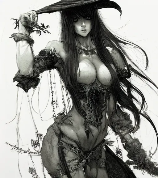 Prompt: portrait of anime succubus with long hair wearing a witch hat, perfect fit and strong body, cute face, cloack, berserk, pen and ink, intricate line drawings, by craig mullins, ruan jia, kentaro miura, greg rutkowski, loundraw, yoshitaka amano