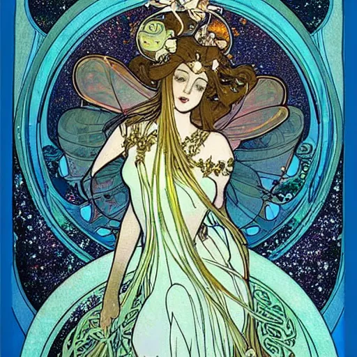 Prompt: princess fairy creating galaxies, art nouveau by Mucha, beautiful detailed illustration