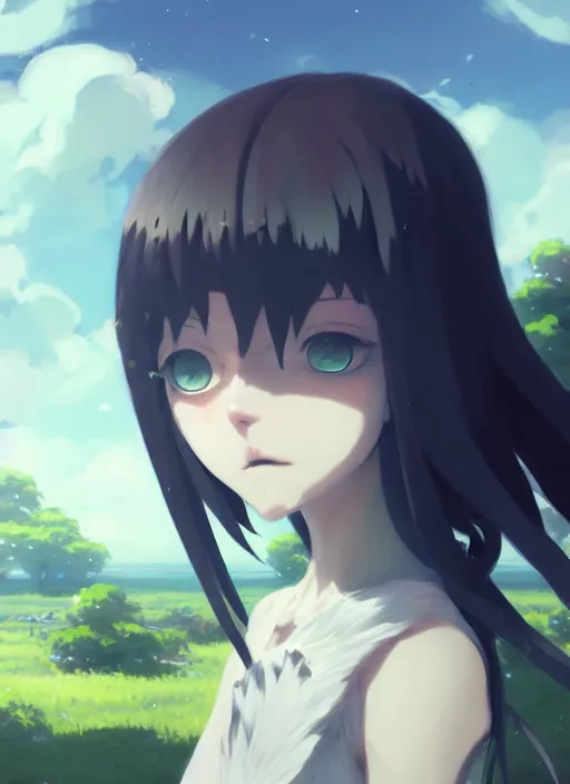 Image similar to portrait of cute goth girl, cloudy sky background lush landscape illustration concept art anime key visual trending pixiv fanbox by wlop and greg rutkowski and makoto shinkai and studio ghibli