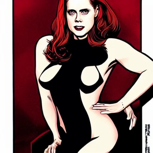 Prompt: gorgeous amy adams : : vampire : : rafeal albuquerque comic art : : sharp teeth : : symmetrical face, symmetrical eyes : : gorgeous red hair : :