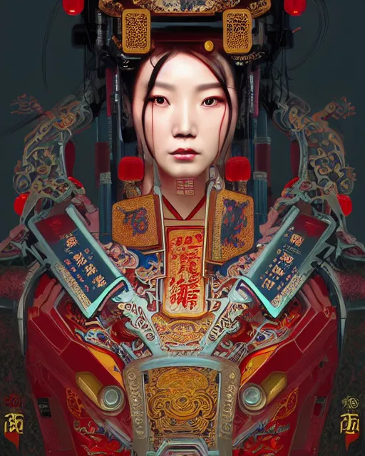 Image similar to portrait of a chinese cyberpunk machine, machine face, upper half portrait, decorated with chinese opera motifs, regal, asian, fine china, wuxia, traditional chinese art intricate intense elegant 京 剧 highly detailed digital painting artstation concept art smooth sharp focus illustration, art by artgerm and greg rutkowski alphonse mucha 8 k