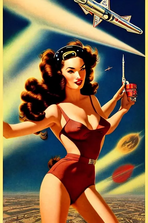 Image similar to beautiful megan fox retro space varga girl riding a rocket in a diesel punk city, windblown dark hair, retro pinup model, seductive, 1 9 4 0, glamour pose, intricate, smoke, hyper detailed, digital art, smooth, sharp focus, alberto vargas, gil elvgren, greg rutkowski, propaganda poster
