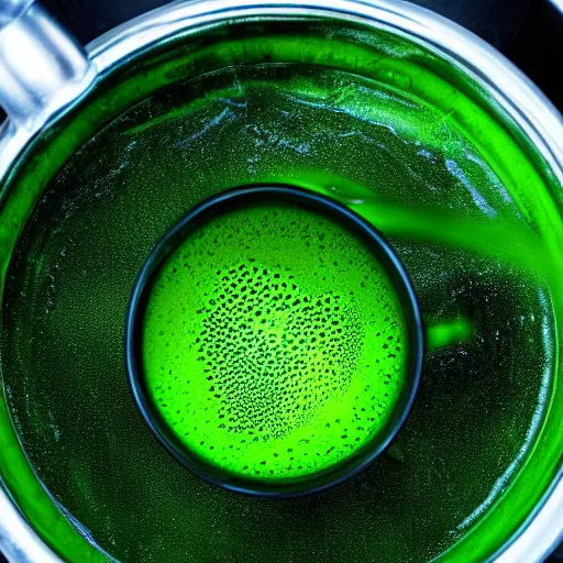 Image similar to brewing violent bubbling green fluid soup, green steam rising from soup