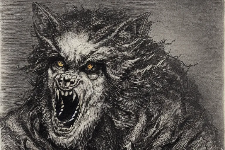 Image similar to werewolf face, Gustave Dore lithography