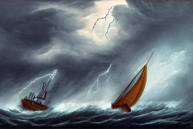 Prompt: giant kraken swallowing a sail boat, storm, lightning, rain, fantasy, horror