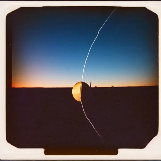 Image similar to a big metal disk over a the desert at night, distant!!, historical photo, old polaroid, expired film,