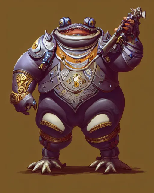 Prompt: a fat slimy anthropomorphic toad wearing regal ornate armor, battle stand, smooth, intricate, elegant, power aura, digital painting, artstation, concept art, high tech fantasy, sharp focus, illustration, art by james jean, overwatch character