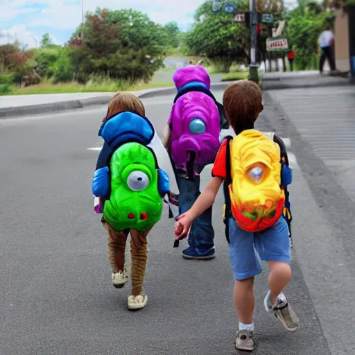 Prompt: A photograph of dinosaurs with backpacks walking to kindergarten, digital art, characters