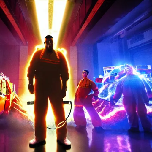 Image similar to kanye west in ghostbusters game, splash art, movie still, cinematic lighting, dramatic, octane render, long lens, shallow depth of field, bokeh, anamorphic lens flare, 8 k, hyper detailed, 3 5 mm film grain