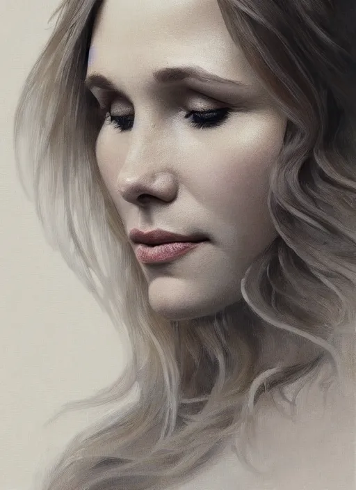 Image similar to beautiful portrait of 7 5 kg kristen bell, soft features, by magali villeneuve and greg rutkowski and artgerm and alphonse mucha and jeremy lipkin and rob hay, intricate, elegant, highly detailed, photorealistic, trending on artstation, trending on cgsociety, 8 k, sharp focus