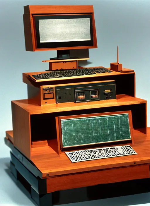 Image similar to realistic photo of a scientific model of perfect computer made of wood, front view, 1 9 9 0, life magazine reportage photo, metropolitan museum photo