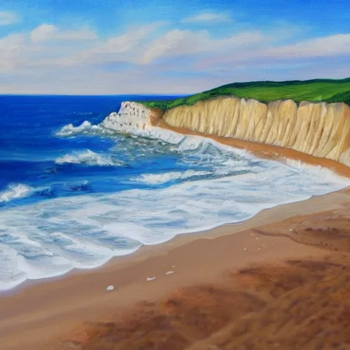 Prompt: a realistic painting of a huge seaside cliff with a beach at the bottom, and small huts in the beach, about to ne washed away by the ocean