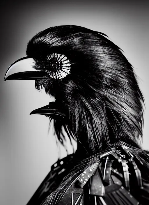 Prompt: a profile portrait, a stunning young mutant cyborg - crow woman, editorial photography, bw, shot on 7 0 mm, depth of field, f / 2. 8, high contrast, 1 6 k, volumetric lighting, shiny, insanely detailed and intricate, hypermaximalist, elegant, ornate, hyper realistic, super detailed