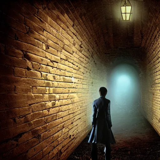 Prompt: a boy victim being intimidated by a succubus in a leather suit, devi wings, cracked brick wall, long hallway, light at the end of the tunnel, volumetric lighting, concept art, fantasy, dramatic lighting, daz, by mark ryden, hayao miyazaki