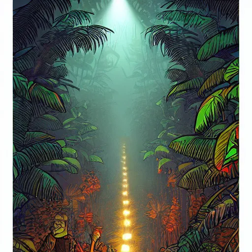 Prompt: a path through the jungle illuminated with torches, by dan mumford, artstation