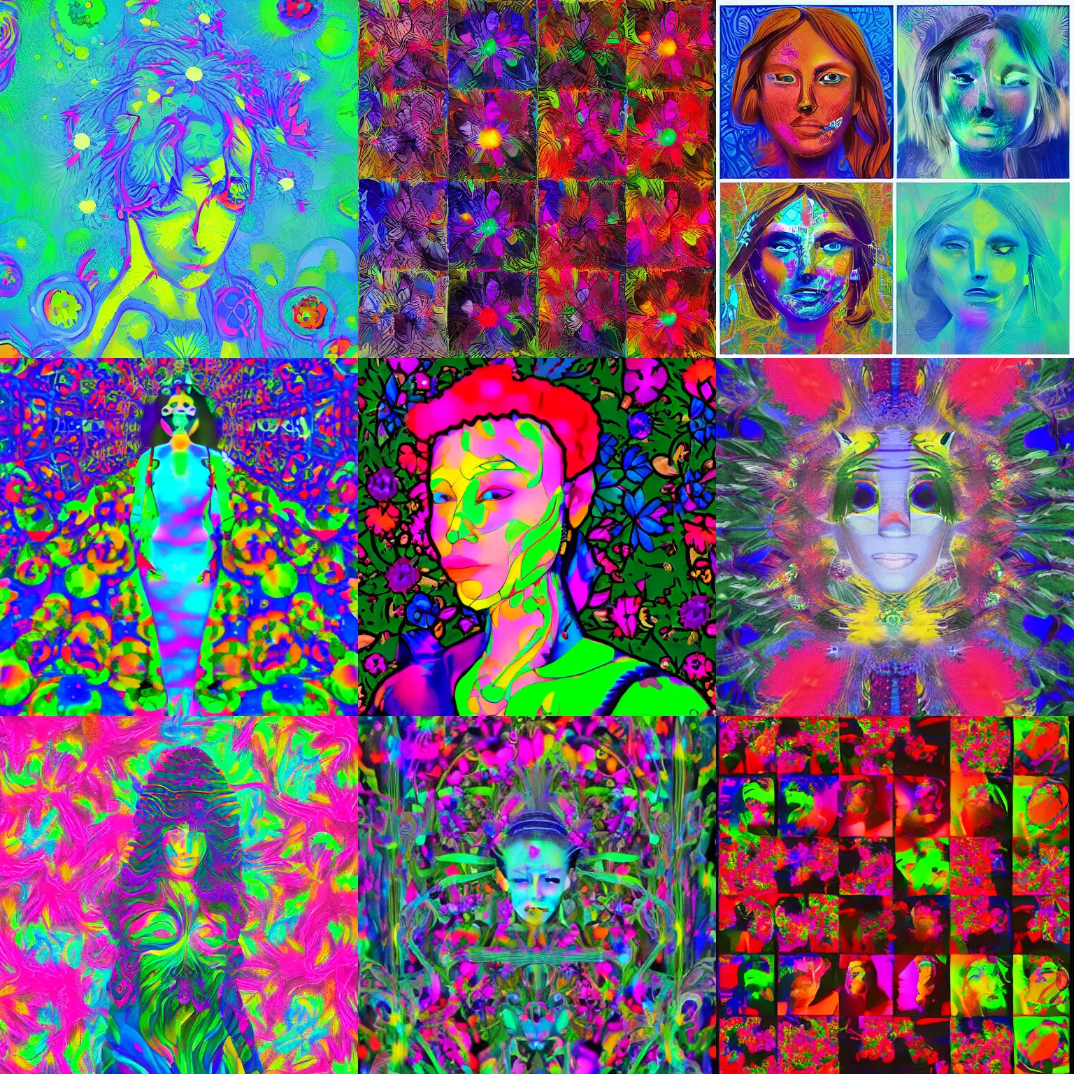 Prompt: ai - generated art, generated by a conscious ai image generator set to a combination of [ photorealistic, psychedelic, self - aware, design your own avatar, lady with glowing flowers dress ] mode
