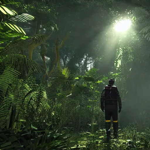 Image similar to a man wearing a hazmat suit, walking through a lush jungle, unreal engine 5, ray traced, god rays, extremely high detail