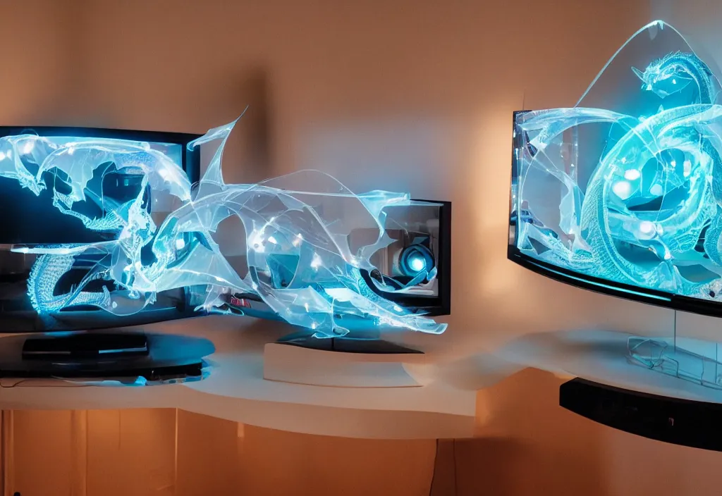 Image similar to curved transparent 3 dtv dragon popping out of tv, volumetric lighting, bedroom, visor, users, pair of keycards on table, bokeh, creterion collection, shot on 7 0 mm, instax