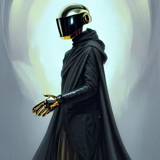 Image similar to painting Daft Punk member in black cloak, elegant, intricate, highly detailed, digital painting, artstation, concept art, sharp focus, illustration, art by artgerm and greg rutkowski and alphonse mucha