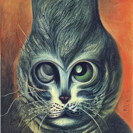 Image similar to very detailed and attractive portrait of a schizophrenic cat, painted by max ernst