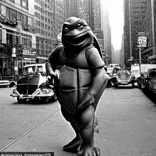 Image similar to Beautiful Portrait Photograph from 1950s of a ninja turtle in the middle of a New York street,