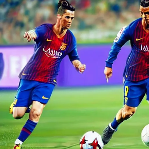 Image similar to messi and cristiano ronaldo playing football together, 8 k, 4 k uhd, realistic, hyper realistic, super detailed, very detailed, detailed