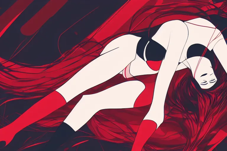 Prompt: a girl laying in an artsy pose, wearing a black outfit with red trim, vector shaded anime style, detailed anime digital art, 4 k