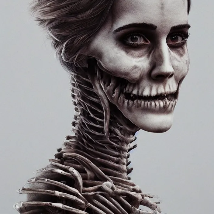 Image similar to portrait of skeleton as a Emma Watson. intricate abstract. intricate artwork. nightmare fuel. by Tooth Wu, wlop, beeple, dan mumford. octane render, trending on artstation, greg rutkowski very coherent symmetrical artwork. cinematic, hyper realism, high detail, octane render, 8k, iridescent accents