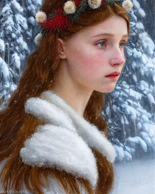 Prompt: a well - lit, realistic portrait painting of a thoughtful girl resembling a young, shy, redheaded alicia vikander or millie bobby brown wearing a christmas wreath in her hair and peasant dress in a deep snow - covered forest at dusk, highly detailed, intricate, concept art, artstation, by donato giancola, ron cobb, and william bouguereau