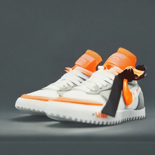 Image similar to a studio photoshoot of A Nike sneaker designed by Virgil Abloh, Off-White, realistictic, color film photography by Tlyer Mitchell, 35 mm, graflex