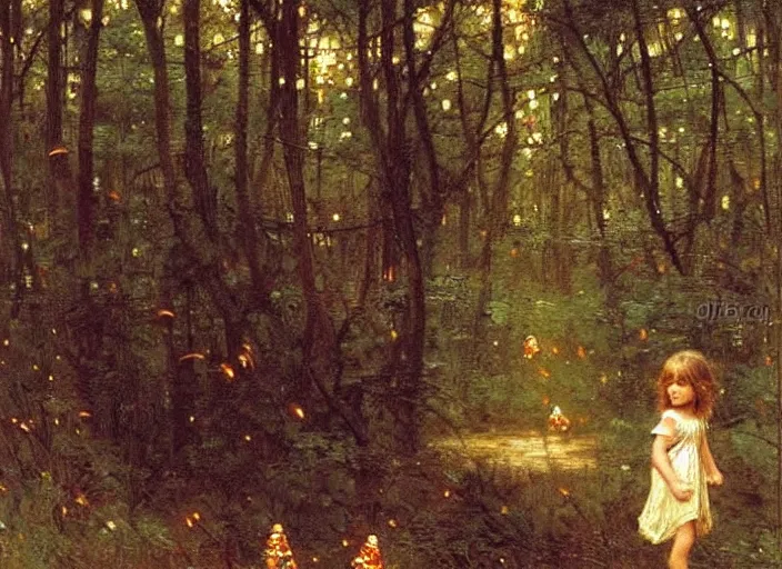 Prompt: a little girl with short curly light brown hair chasing fireflies in a forest, beautiful painting by John William Waterhouse