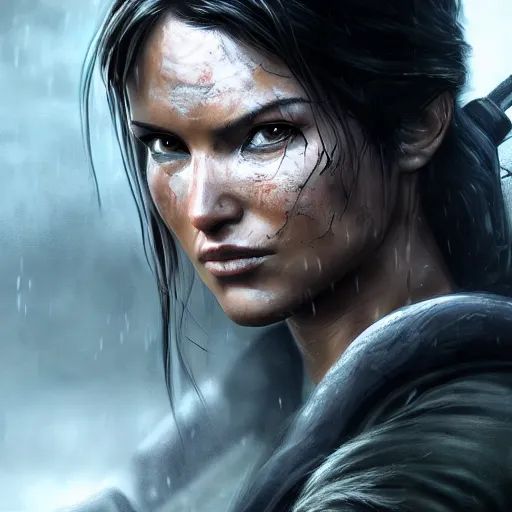 Prompt: Lara croft as samurai , wet face , heavy rain ,dramatic, intricate, highly detailed, concept art, smooth, sharp focus, illustration, Unreal Engine 5, 8K