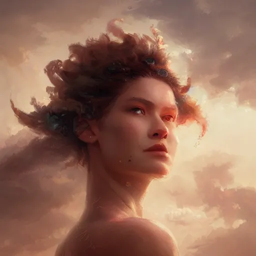 Image similar to a beautiful portrait of a cloud goddess by Greg Rutkowski and Raymond Swanland, Trending on Artstation, ultra realistic digital art