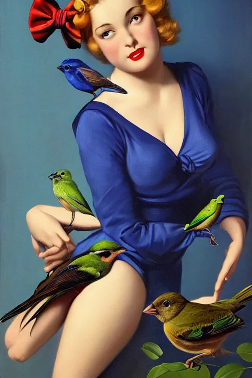 Image similar to hyper realistic painting, pinup girl holding an indigo bunting, bird, the bird is wearing a bowtie, anime, porcelain skin, glistening, very coherent, gillette gil elvgren