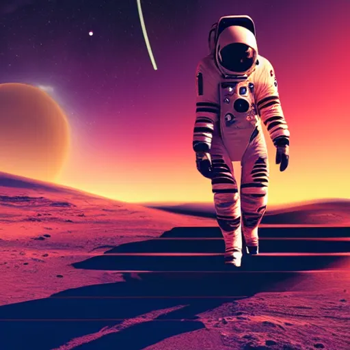 Image similar to A wide angle shot from below of a female astronaut with a feminine body walking with swagger towards camera on mars in an infinite universe , synthwave digital art