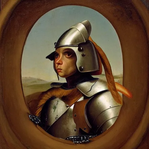 Prompt: portrait painting of a bunny dressed as a knight with heavy metal armor by George Stubbs, renaissance painting, oil painting, old master