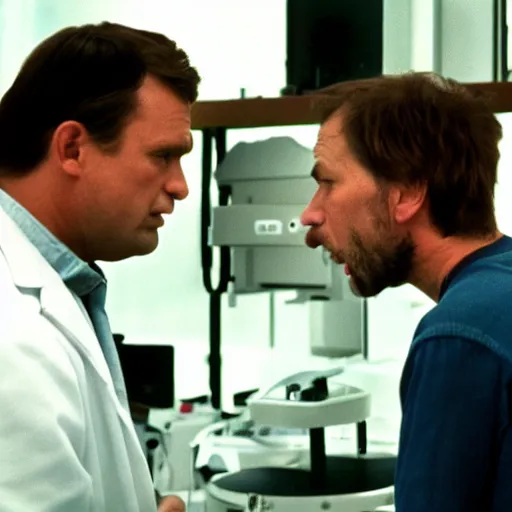 Image similar to filmic extreme close up shot movie still 4 k uhd interior 3 5 mm film color photograph of two scientists arguing and yelling in a lab in antartica