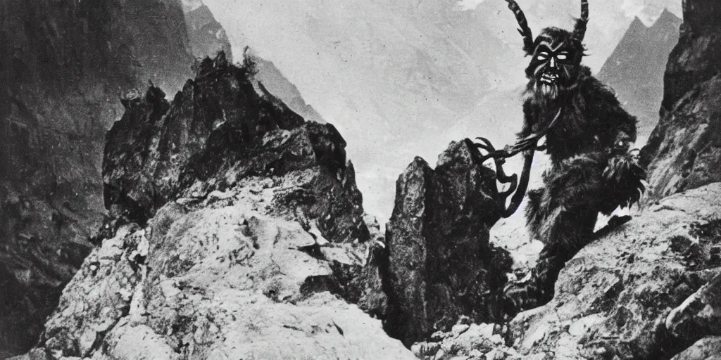 Image similar to krampus eating a mountain, 1920s photography, grainy, eerie, dark