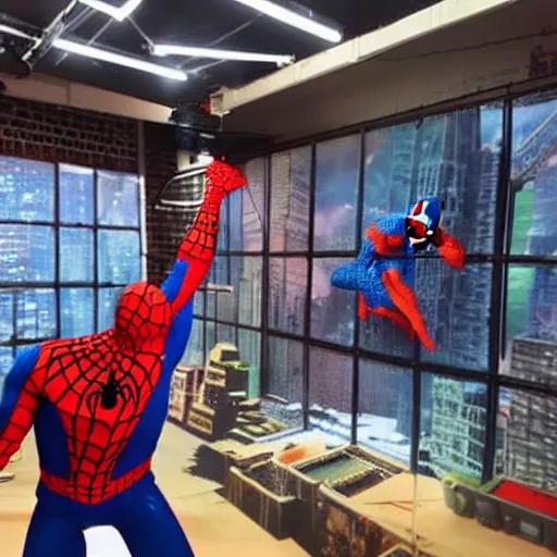 Prompt: a photo of a stopmotion animation filming set of spiderman