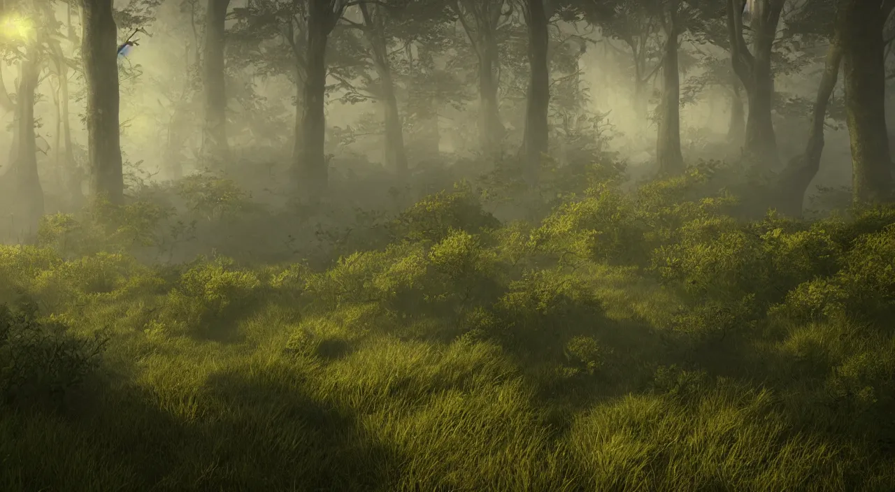 Prompt: photorealistic misty moors overgrowth undergrowth jagged rock features volumetric fog light rays high contrast dawn