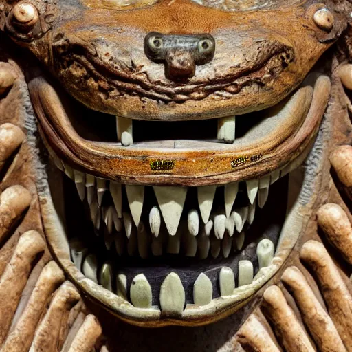 Image similar to a taxidermized smiling horror of the abyss, in a museum, on a pedestal, 8 5 mm lens, 7 0 mm entrance pupil diameter, close - up photograph, high detail, 4 k, soft focus, depth of field