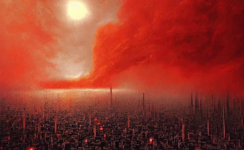 Image similar to an digital art of fire red alert storm that destroys dark souls like new york city with eclipse in style of zdislaw beksinski