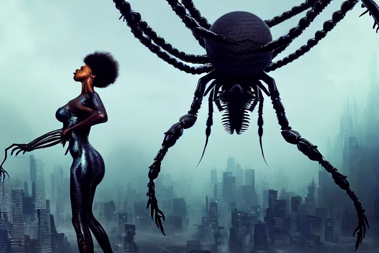 Image similar to realistic detailed closeup portrait movie shot of a beautiful black woman riding a giant spider, dystopian city landscape background by denis villeneuve, amano, yves tanguy, alphonse mucha, max ernst, kehinde wiley, caravaggio, roger dean, cyber necklace, rich moody colours, sci fi patterns, wide angle