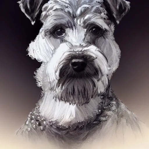 Image similar to portrait of stoic looking miniature schnauzer, military uniform, black fir, white eyebrows, fantasy, intricate, elegant, highly detailed, centered, dark, smokey, charcoal painting, digital painting, artstation, concept art, smooth, sharp focus, illustration, art by artgerm and greg rutkowski and alphonse mucha