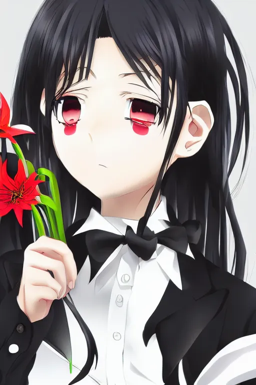 Prompt: Key anime visual of a beautiful girl with black hair and red eyes holding a spider lily; wearing white blouse with black tie; trending on Pixiv; digital art